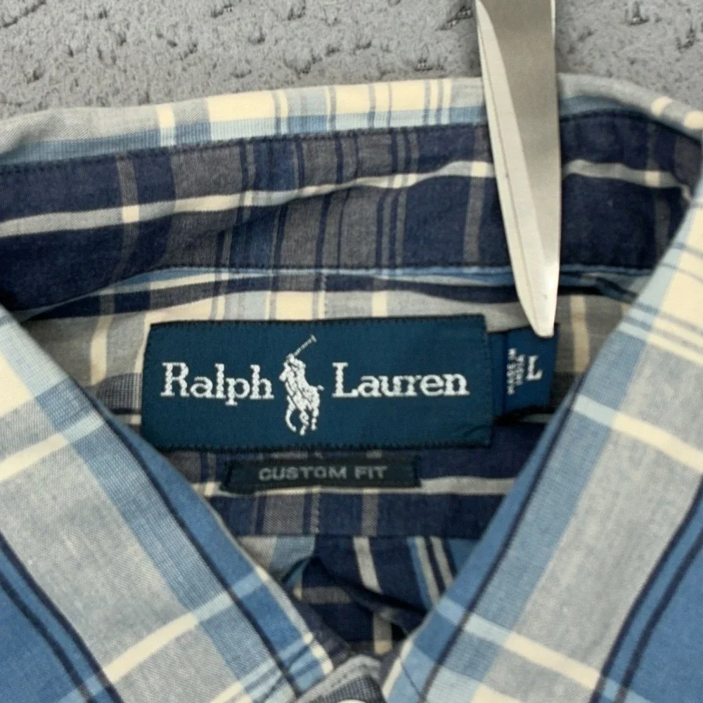 Ralph Lauren Button Down Mens Large Blue Plaid Custom Fit Long Sleeve Pony Logo